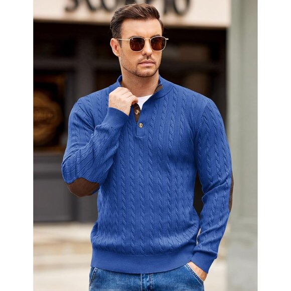 Men's Cable Knitted Pullover Sweaters Long Sleeve Stand Collar Button Up Blue - Picture 2 of 6